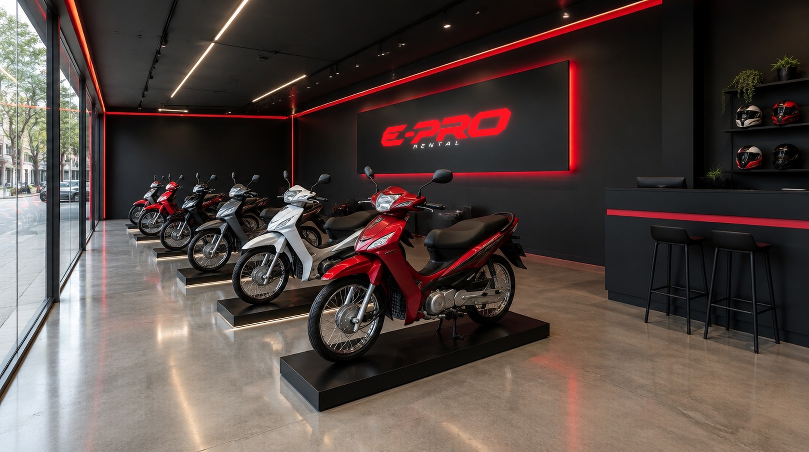 Interior del local E-PRO Rental con motos 0km en exhibición